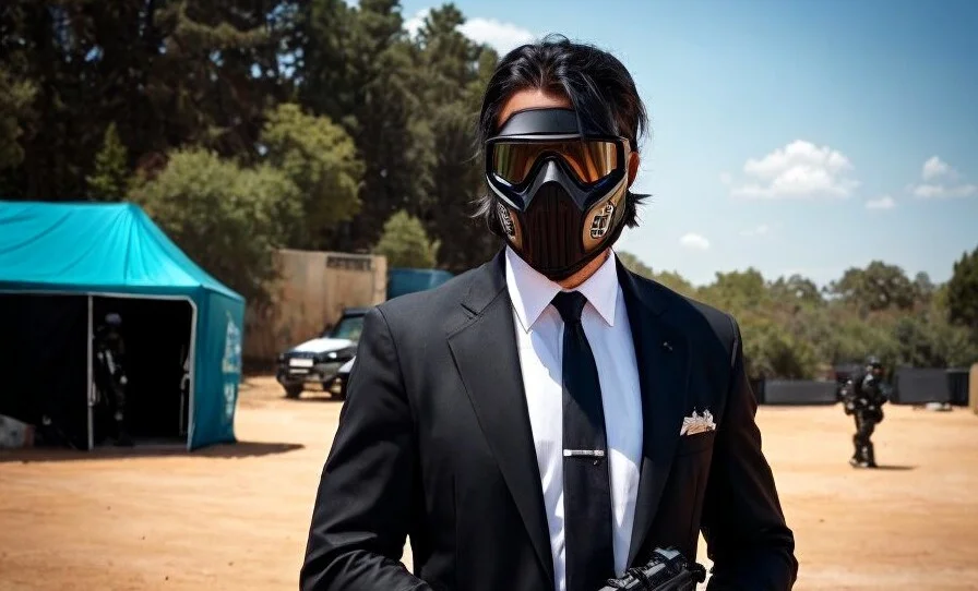 Gracz paintballa w garniturze