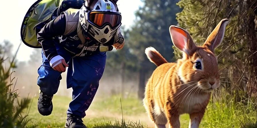Gracz paintballa goniący królika